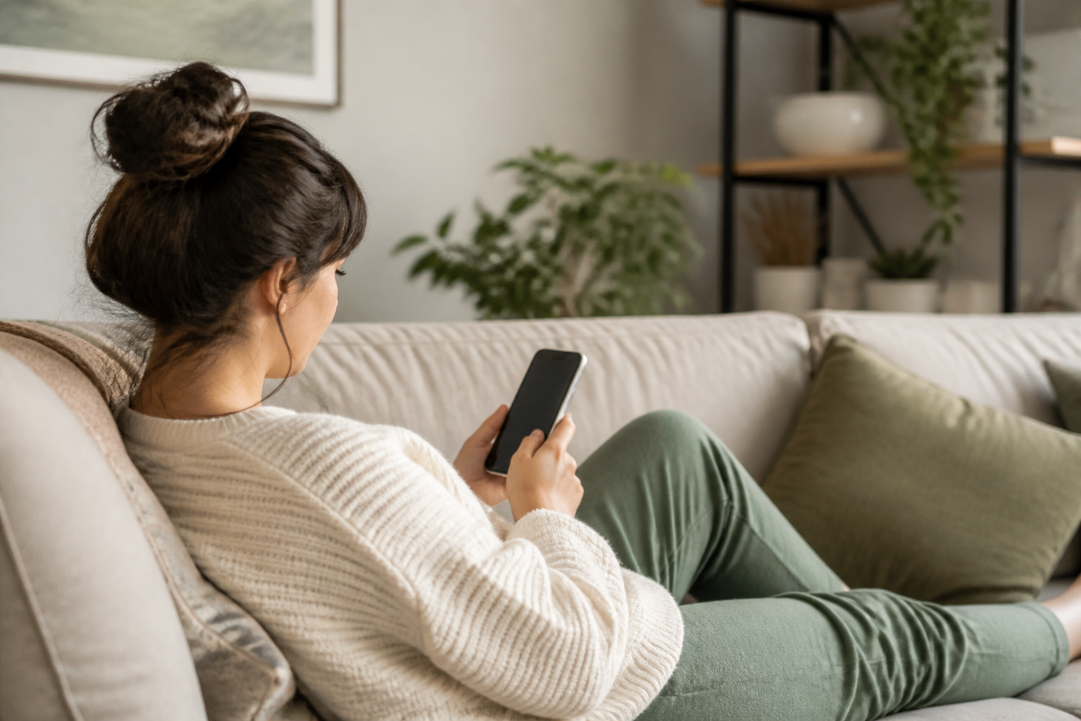 A person relaxing on a sofa, casually holding their phone.