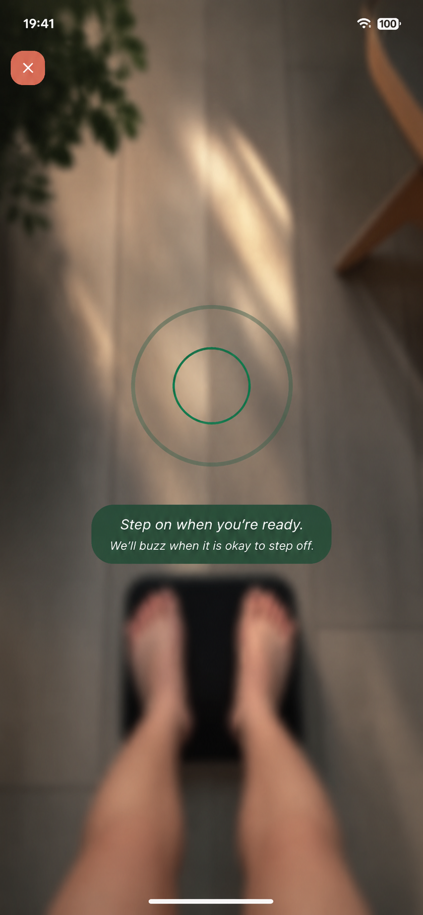 The Look Away Weighing screen: a blurred scale viewed from above with the prompt 'Step on when you're ready. We'll buzz when it is okay to step off.'