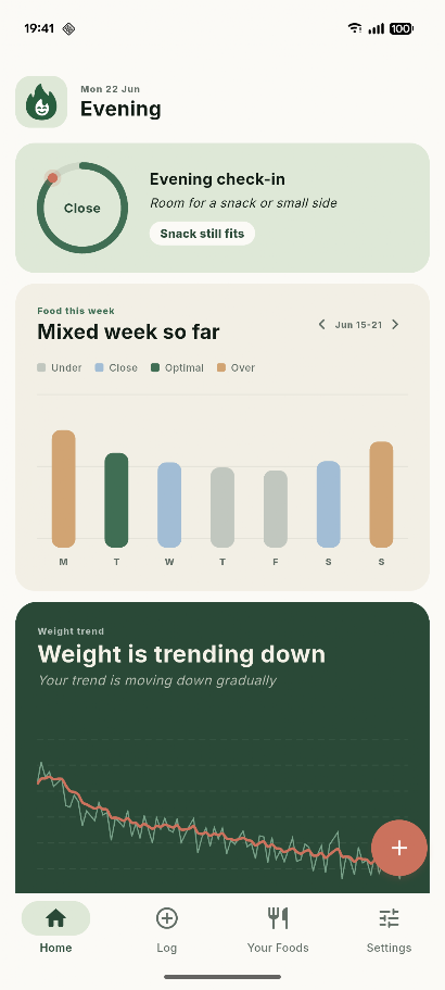 Ori dashboard: an evening check-in nudge, this week's eating at a glance, and a gentle weight-trend chart.