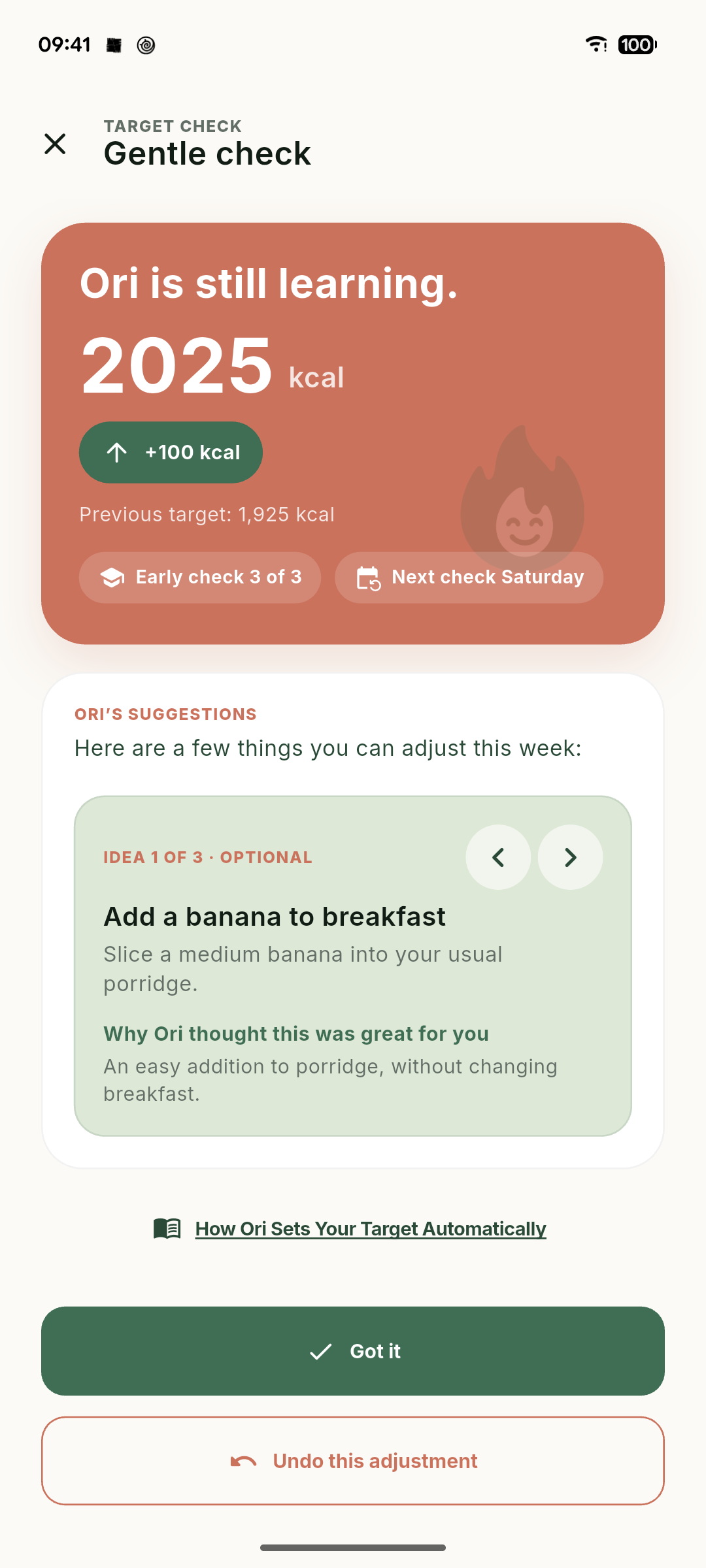 Weekly target adjustment showing the calorie target and an idea to add a banana to breakfast.