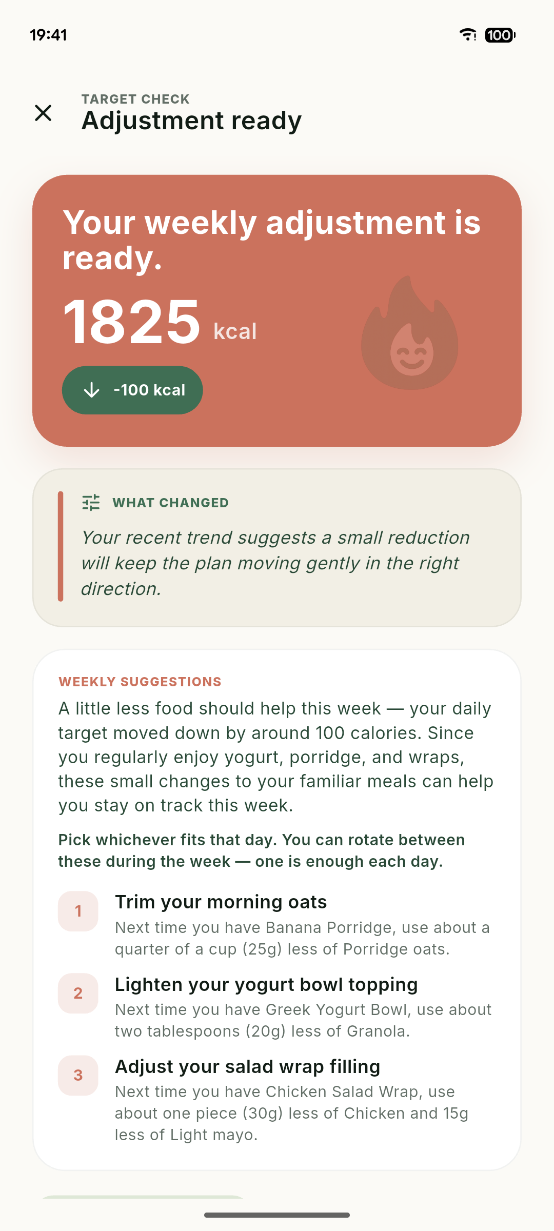 Ori Weekly Suggestions showing a personalised calorie adjustment and practical food ideas